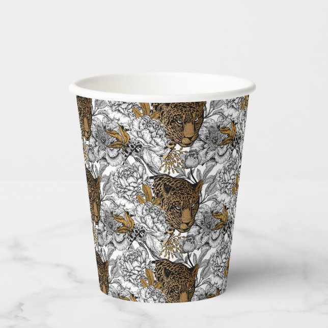 Vasos De Papel Patrón Leopard & Peonies (Anverso)