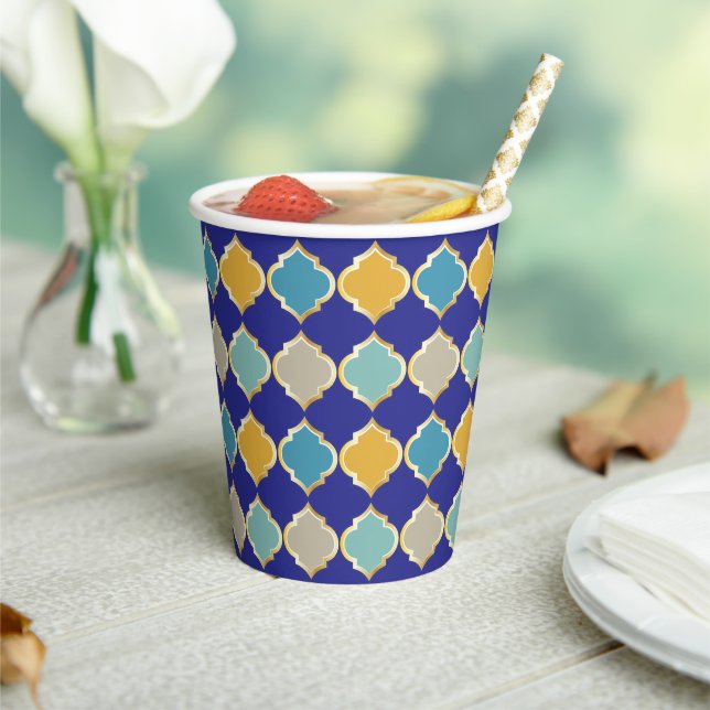 Vasos De Papel Patrón marroquí Boda de oro azul real (in situ)