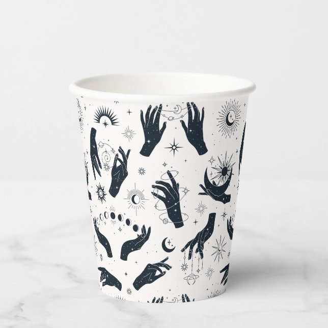 Vasos De Papel Patrón místico de mano Boho Moon blanco negro (Anverso)