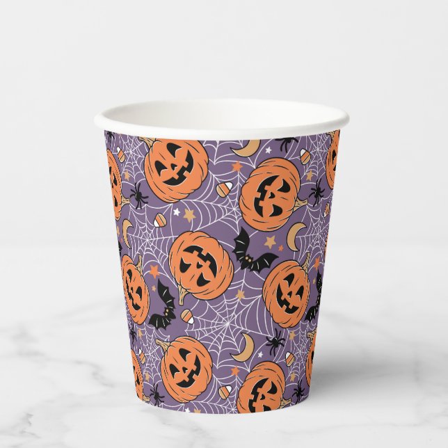 Vasos De Papel Patrón morado de Halloween de Jack-O-Lantern (Anverso)