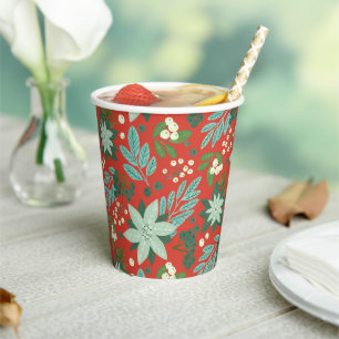 Vasos De Papel Patrón Navideño Floral Rojo Festivo