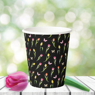 Vasos De Papel Patrón negro de tulipanes y mariposas