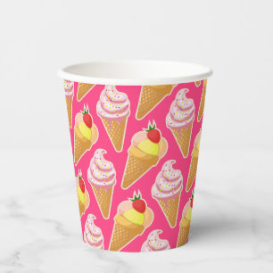 Vasos De Papel Patrón rosa kawaii con helado de fresa