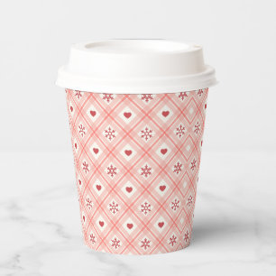 Vasos De Papel Patrón Rosa Retro, Corazón Rojo Y Copos De Nieve