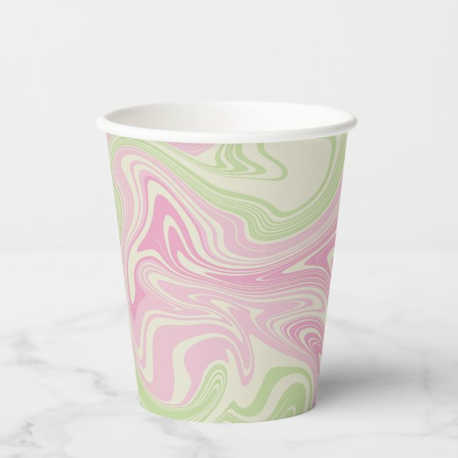 Vasos De Papel Patrón rosa Verde De Swirl Líquido (Anverso)