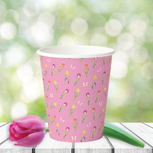 Vasos De Papel Patrón rosado de tulipanes y mariposas