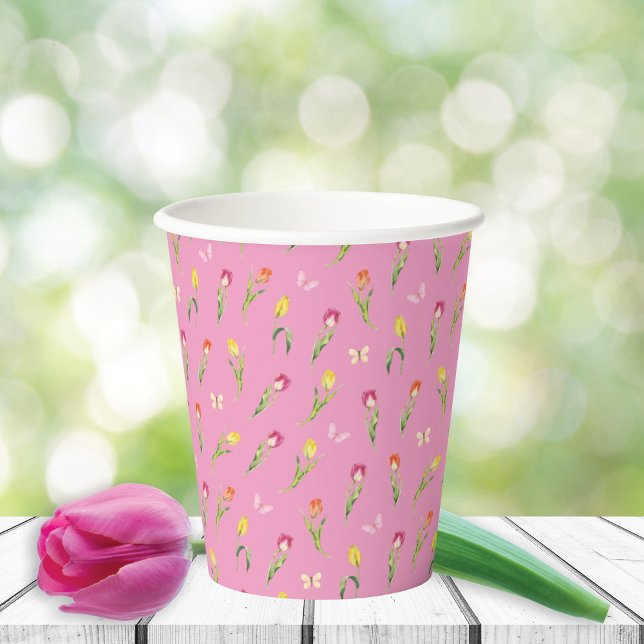 Vasos De Papel Patrón rosado de tulipanes y mariposas (Subido por el creador)