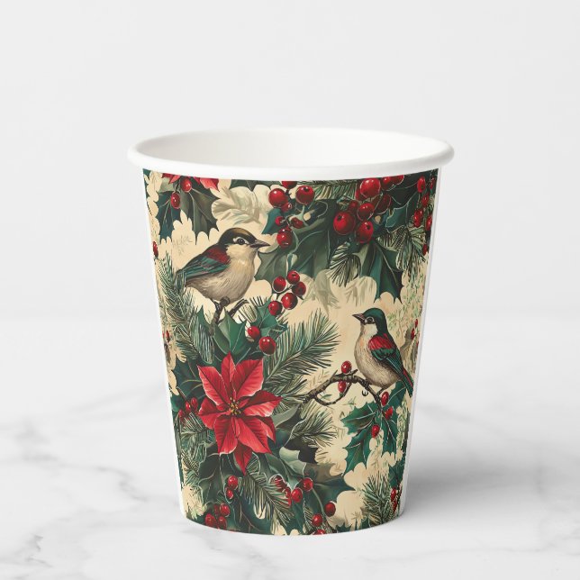 Vasos De Papel Patrón Rústico de Navidades de Pájaros y Poinsetti (Reverso )