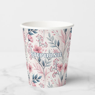 Vasos De Papel Patrón Sakura de flores de cerezo rosa en blanco (