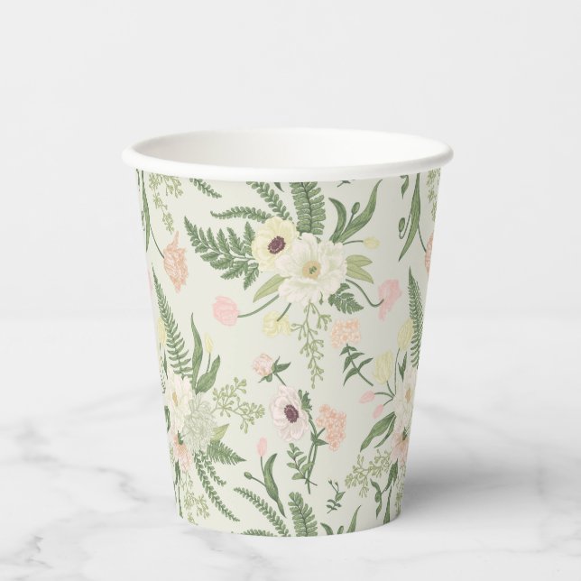 Vasos De Papel Patrón suave de flores de jardín verde (Anverso)