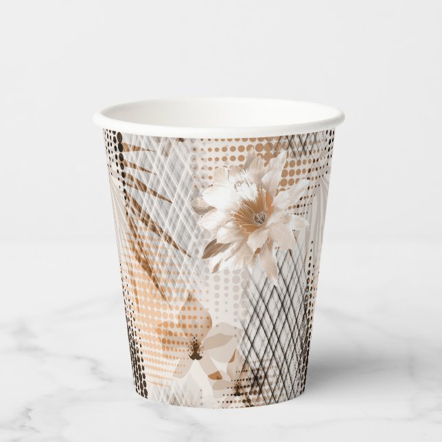 Vasos De Papel Patrón tropical gris y beige. (Anverso)