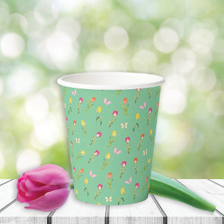Vasos De Papel Patrón verde de tulipanes y mariposas