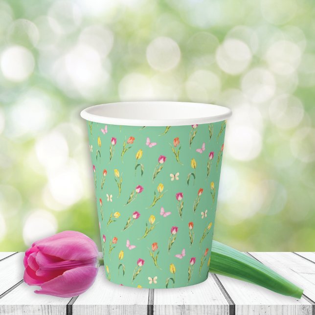 Vasos De Papel Patrón verde de tulipanes y mariposas (Subido por el creador)