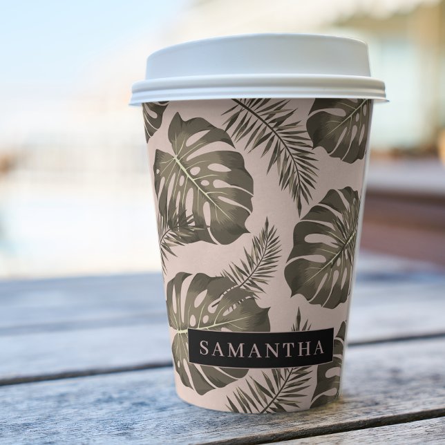 Vasos De Papel Patrón y nombre de hojas de palma rosadas y dorada (Subido por el creador)