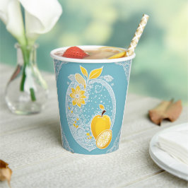 Vasos De Papel Patrones de frutas amarillas y azules arte de IA