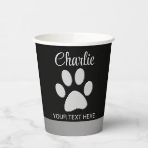 Vasos De Papel Paw de perro plateado sobre fondo negro