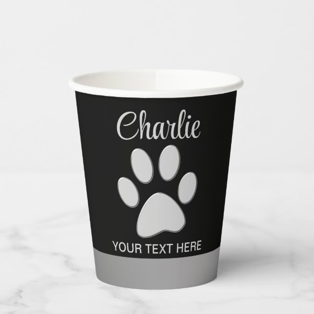 Vasos De Papel Paw de perro plateado sobre fondo negro (Izquierda)