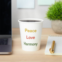 Peace Love Harmony oro rojo verde taza de papel de