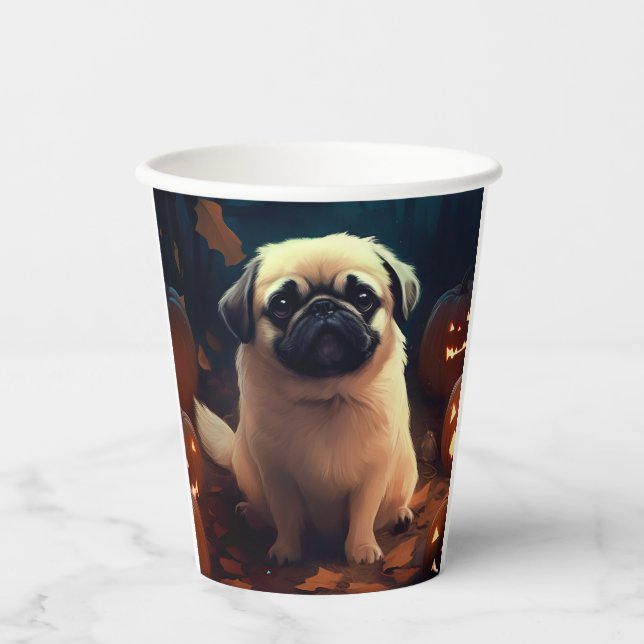 Vasos De Papel Pekingese de Halloween con calabazas aterradoras (Anverso)