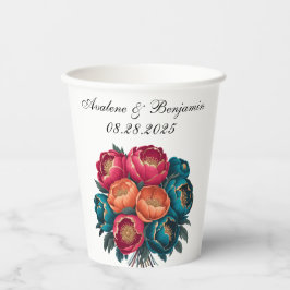 Vasos De Papel Peony, Naranja Verde azulado rojo, florece Boda de