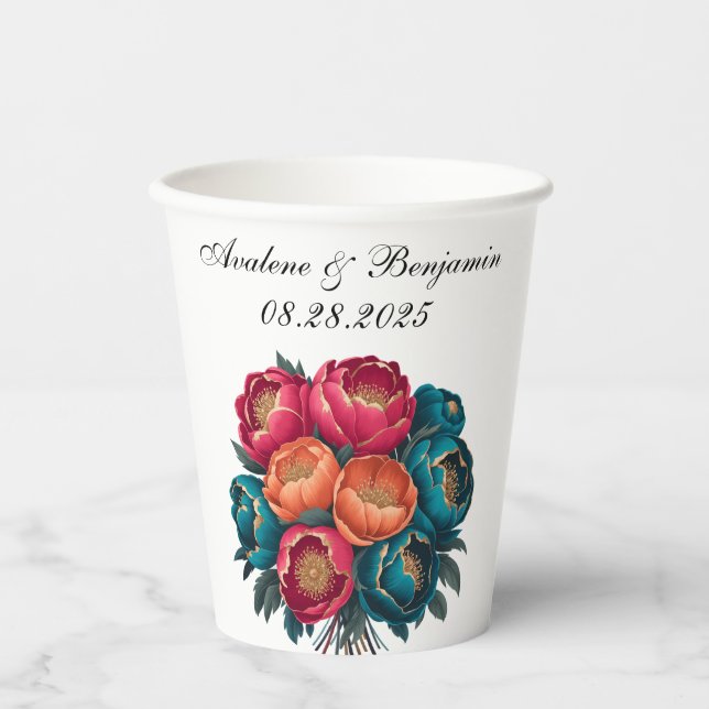 Vasos De Papel Peony, Naranja Verde azulado rojo, florece Boda de (Anverso)