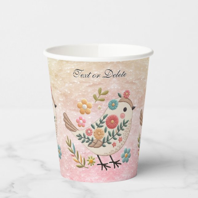 Vasos De Papel Pequeña ave deja flores tazas de papel rosado (Izquierda)