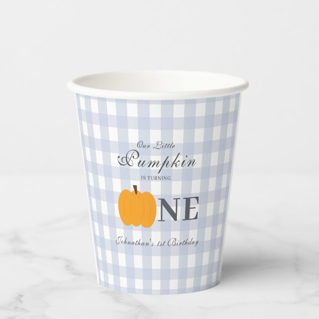 Vasos De Papel Pequeña Calabaza Caída Pastel Azul Primer Cumpleañ (Anverso)