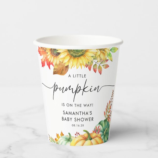 Vasos De Papel Pequeña calabaza Género Neutral Caída Baby Shower (Anverso)