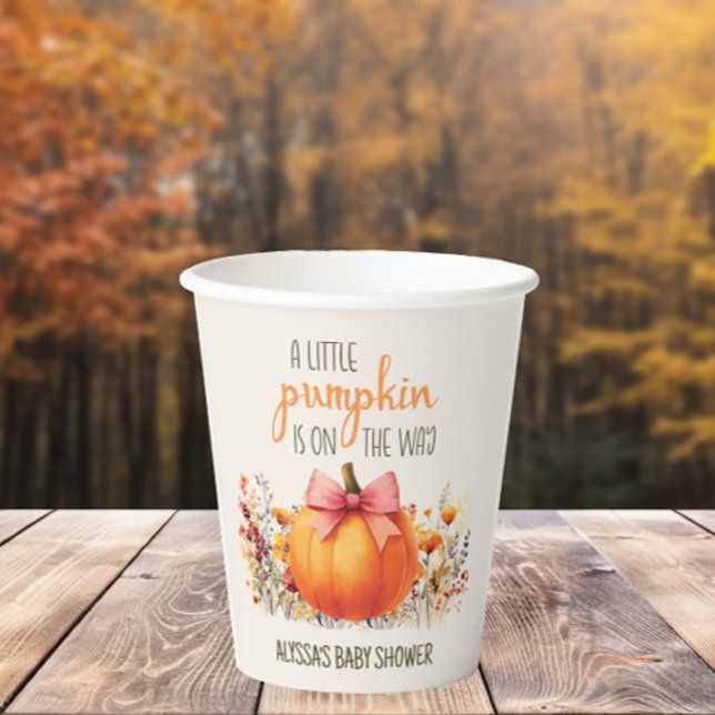 Vasos De Papel Pequeña Calabaza Rosa Bow Niña Ducha (Little Pumpkin fall/autumn baby shower 8 oz. paper cups)
