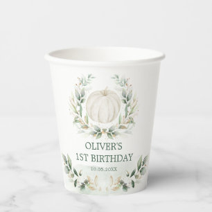 Vasos De Papel Pequeña Calabaza Verde Oro Niño Otoño Primer Cu
