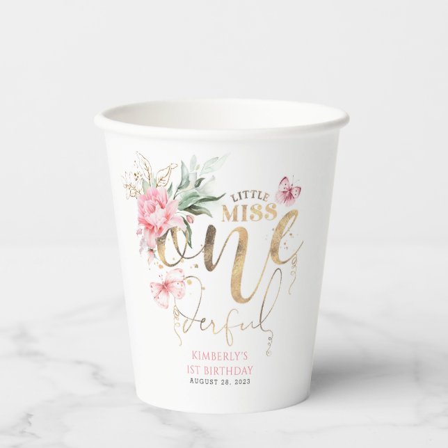 Vasos De Papel Pequeña Miss Maravillosa Cute Floral Primer cumple (Anverso)