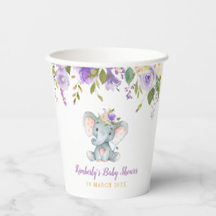 Vasos De Papel Pequeño elefante morado con ducha de bebé floral