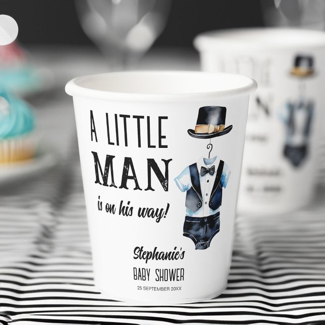 Vasos De Papel Pequeño hombre ducha de bebé tuxedo negro monogram (Little man baby shower black tuxedo hat monogrammed customized paper cups personalized table decor)