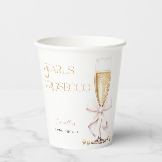 Vasos De Papel Perlas rosadas y brindis de Prosecco para Despedid (Anverso)