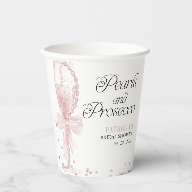 Vasos De Papel Perlas rosadas y ducha de novia Prosecco (Anverso)
