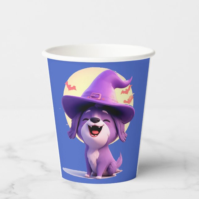 Vasos De Papel Perro adorable con sombrero de bruja (Anverso)