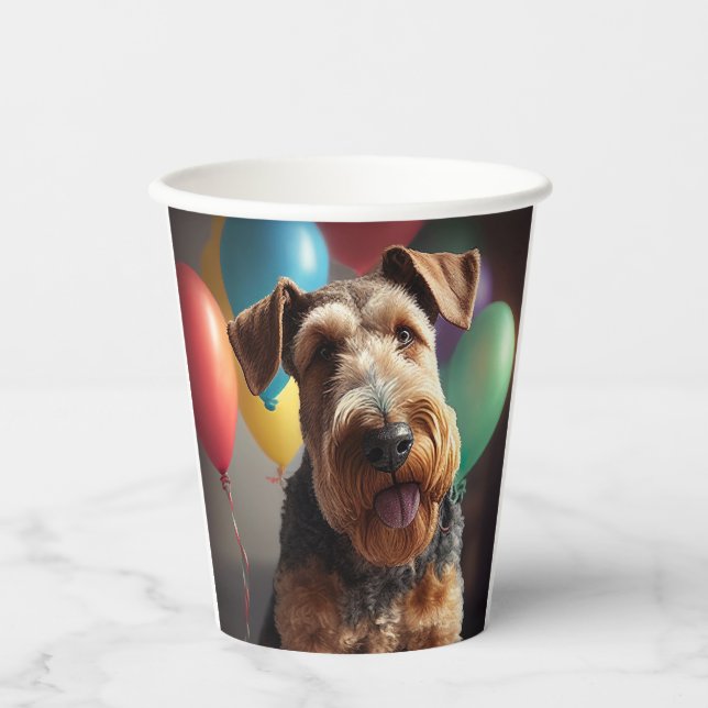 Vasos De Papel Perro Airedale con pastel y globos (Anverso)