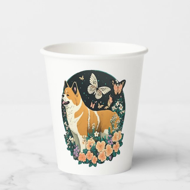 Vasos De Papel Perro Akita con flor y camiseta con mariposa (Anverso)
