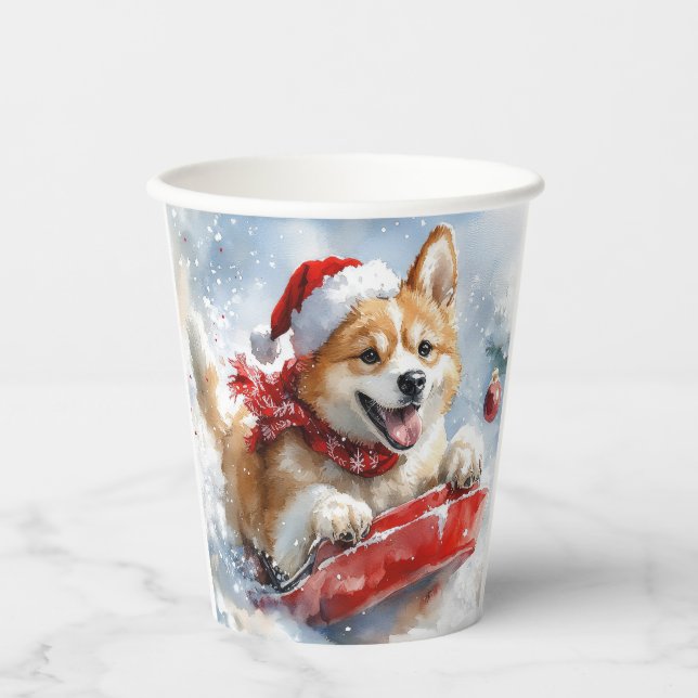 Vasos De Papel Perro Akita con manchas deja que nieve Navidades (Anverso)