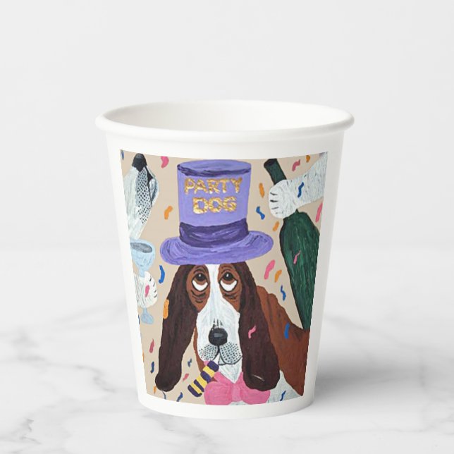 Vasos De Papel Perro Basset Hound de fiesta (Anverso)