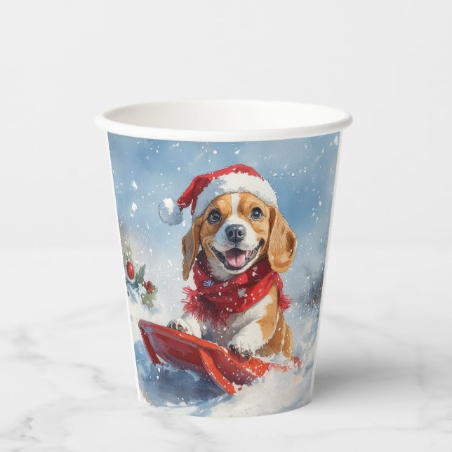 Vasos De Papel Perro Beagle con manchas y Navidades de nieve (Anverso)