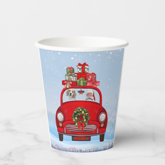 Vasos De Papel Perro Beagle en coche con Papá Noel (Anverso)