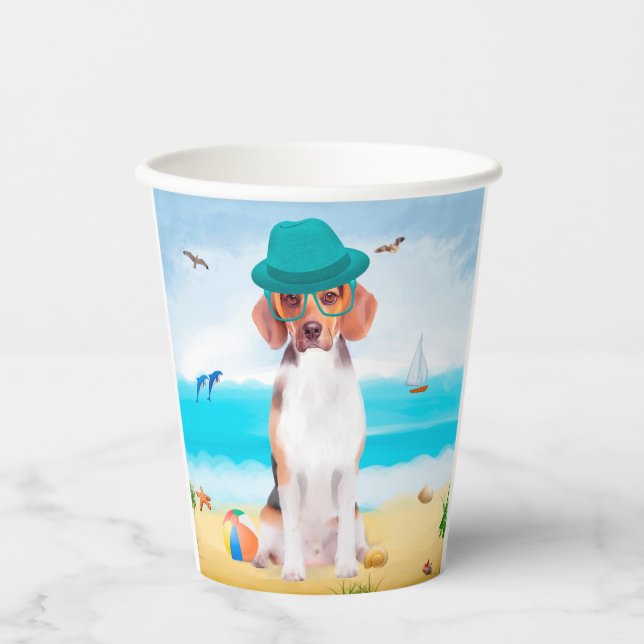 Vasos De Papel Perro Beagle En La Playa (Anverso)