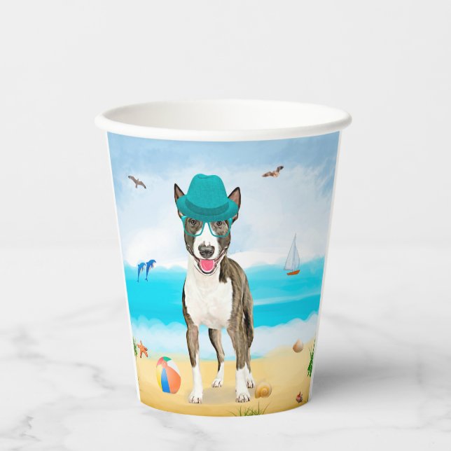 Vasos De Papel Perro Bull Terrier en la Playa (Anverso)