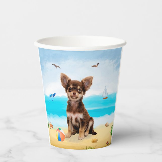 Vasos De Papel Perro Chihuahua en la playa (Anverso)