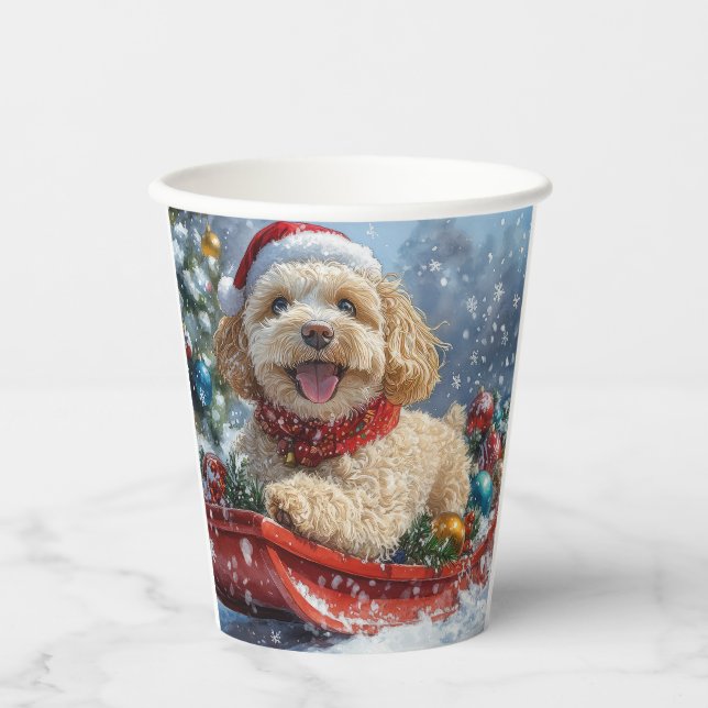 Vasos De Papel Perro Cockapoo en Trineo Deja que Nieve Navidad (Anverso)