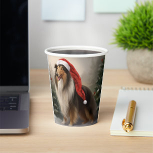 Vasos De Papel Perro Collie Áspero en Navidad con Nieve