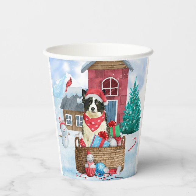 Vasos De Papel Perro collie fronterizo en casa de perros de Navid (Reverso )