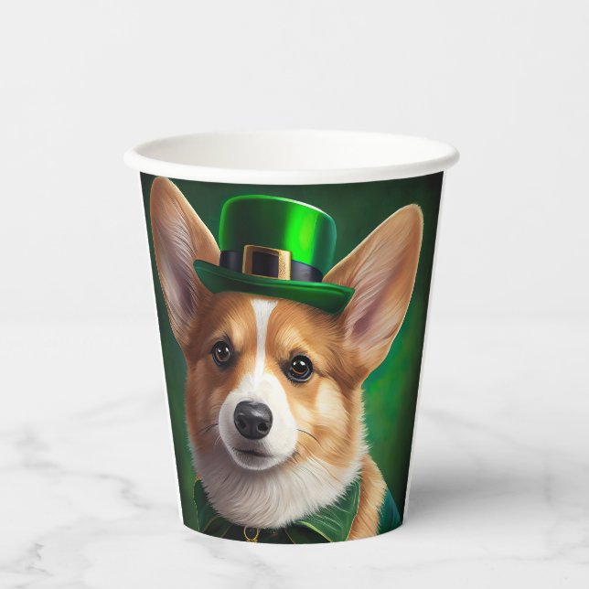 Vasos De Papel Perro Corgi con vestido de San Patricio (Anverso)