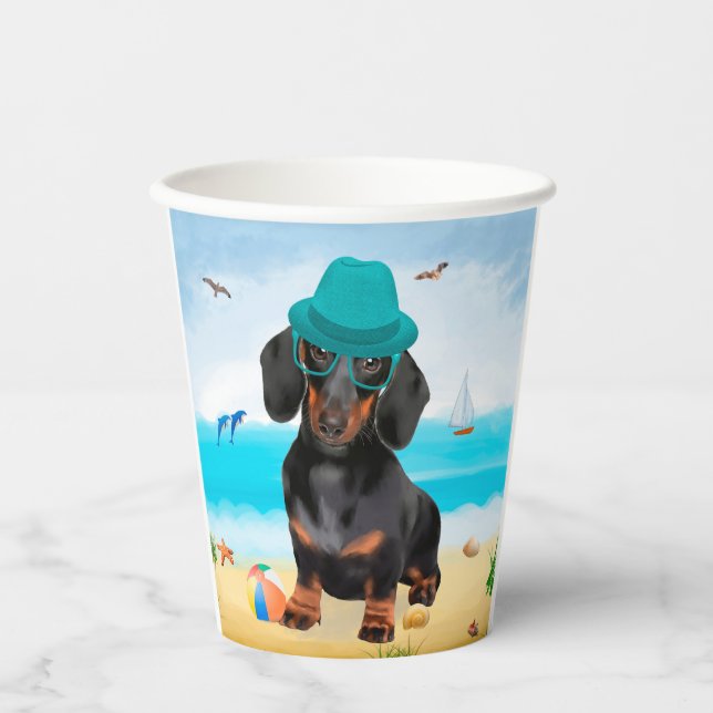 Vasos De Papel Perro Dachshund en la Playa (Anverso)